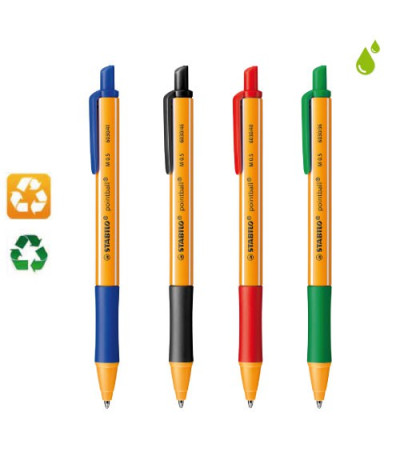 Lot de 4 stylos bille recyclés Point ball rétractable assortis STABILO